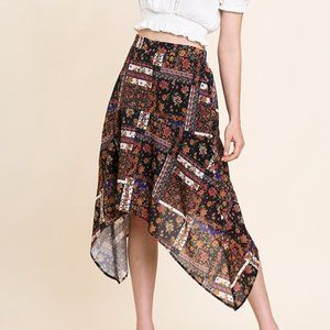 New UMGEE Small black floral asymmetrical hem elastic waist lined short skirt